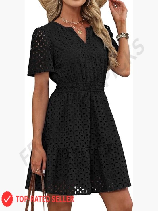 Dresses & Skirts - Summer V Neck Eyelet Lace A Line Mini Dress Short Puff Sleeve Ruffle Hem